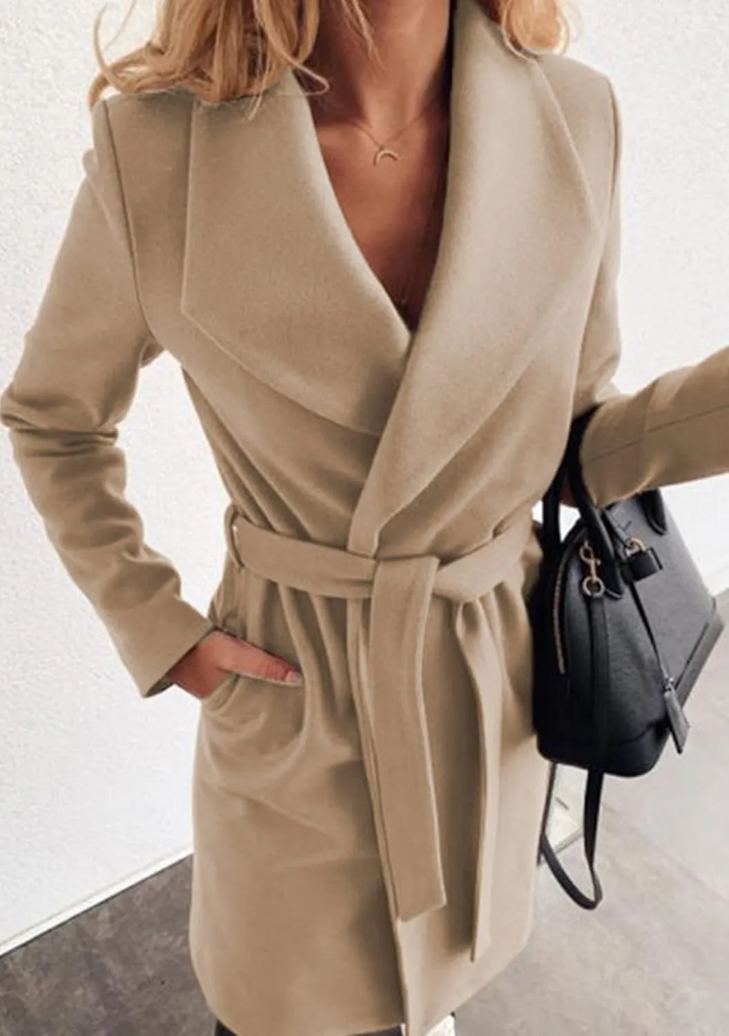 GRASWE Women's Woolen Mid-Length Fashion Lapel Collar Winter Blend Coat - Open Front Elegant Pea Coat