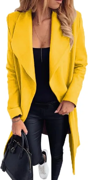 GRASWE Women's Woolen Mid-Length Fashion Lapel Collar Winter Blend Coat - Open Front Elegant Pea Coat