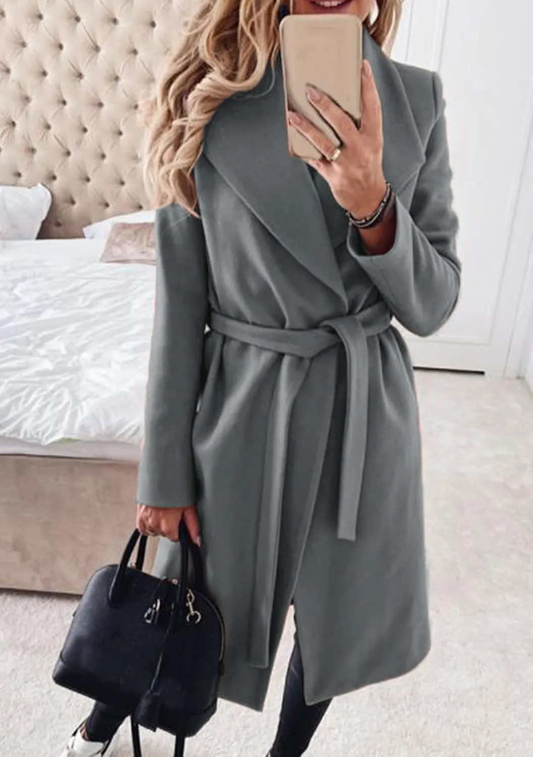 GRASWE Women's Woolen Mid-Length Fashion Lapel Collar Winter Blend Coat - Open Front Elegant Pea Coat