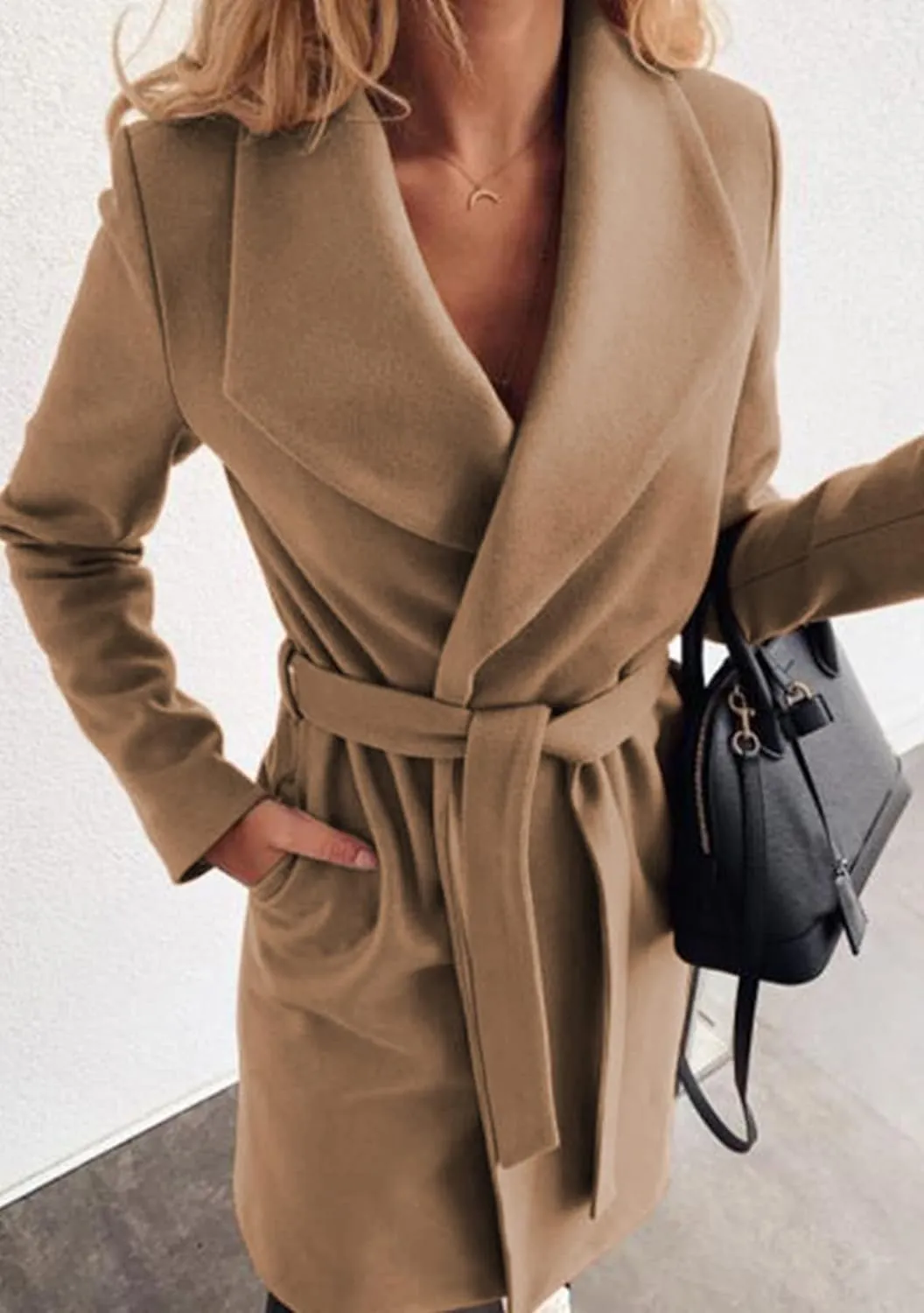 GRASWE Women's Woolen Mid-Length Fashion Lapel Collar Winter Blend Coat - Open Front Elegant Pea Coat