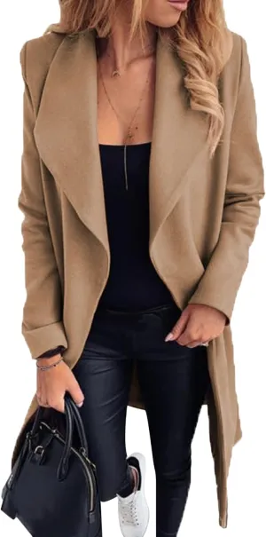 GRASWE Women's Woolen Mid-Length Fashion Lapel Collar Winter Blend Coat - Open Front Elegant Pea Coat