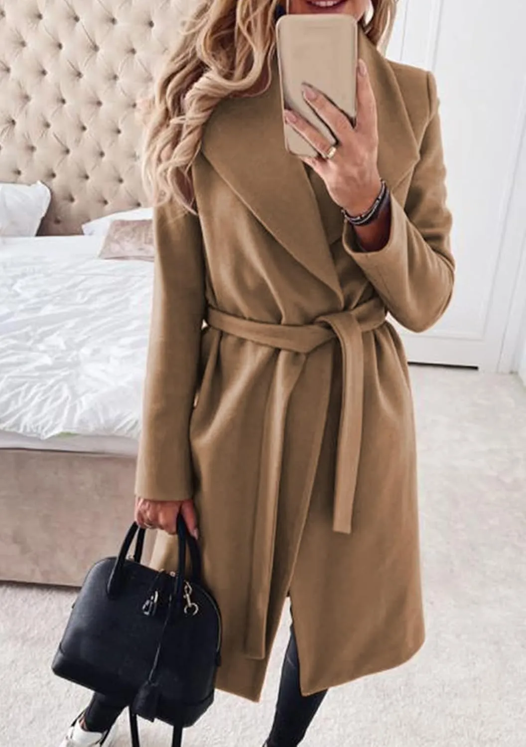 GRASWE Women's Woolen Mid-Length Fashion Lapel Collar Winter Blend Coat - Open Front Elegant Pea Coat