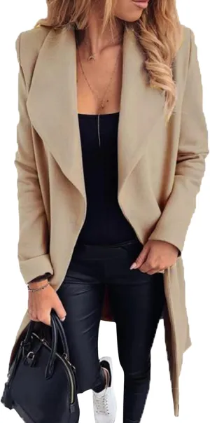 GRASWE Women's Woolen Mid-Length Fashion Lapel Collar Winter Blend Coat - Open Front Elegant Pea Coat
