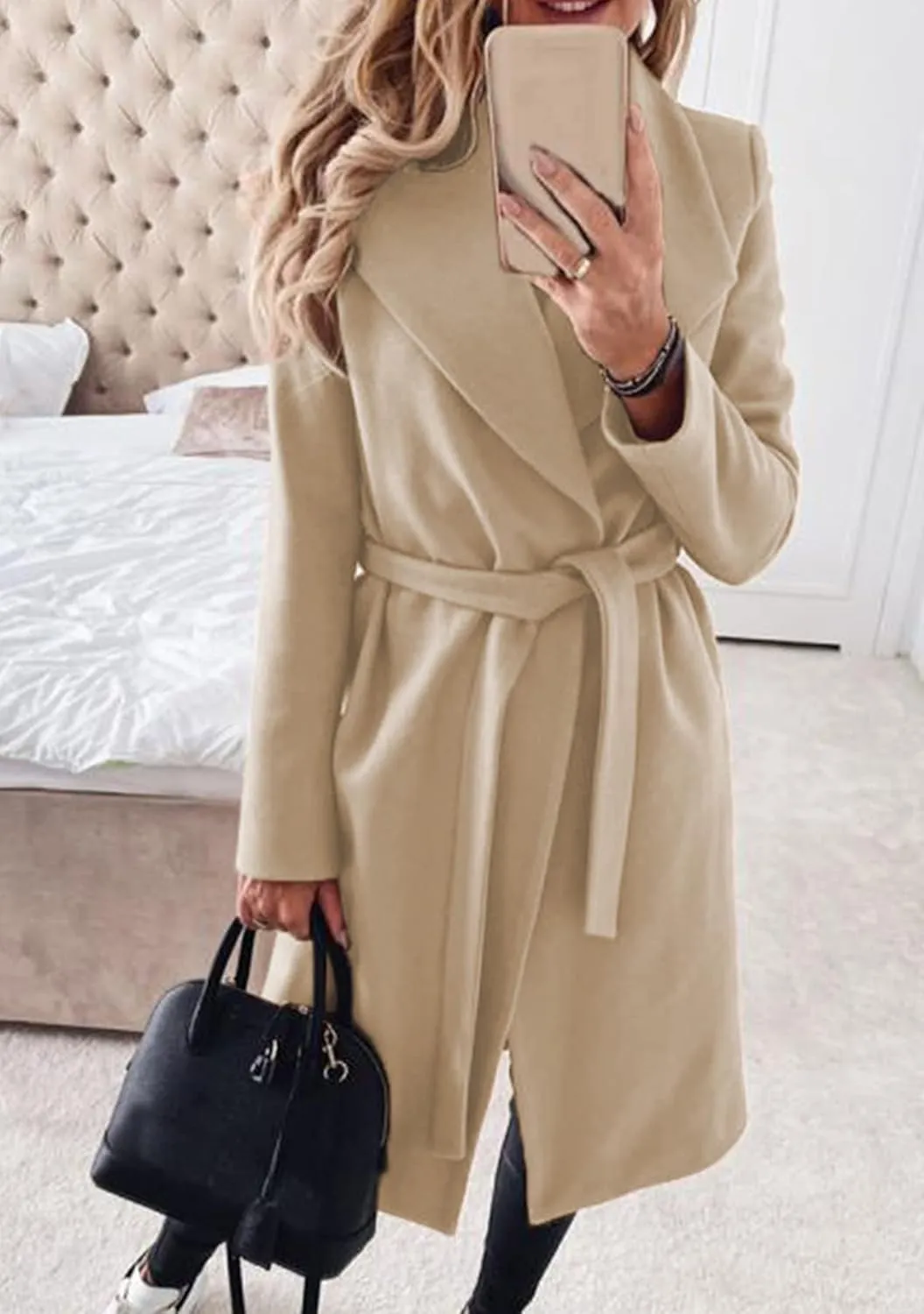 GRASWE Women's Woolen Mid-Length Fashion Lapel Collar Winter Blend Coat - Open Front Elegant Pea Coat
