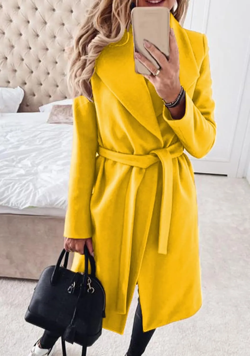 GRASWE Women's Woolen Mid-Length Fashion Lapel Collar Winter Blend Coat - Open Front Elegant Pea Coat