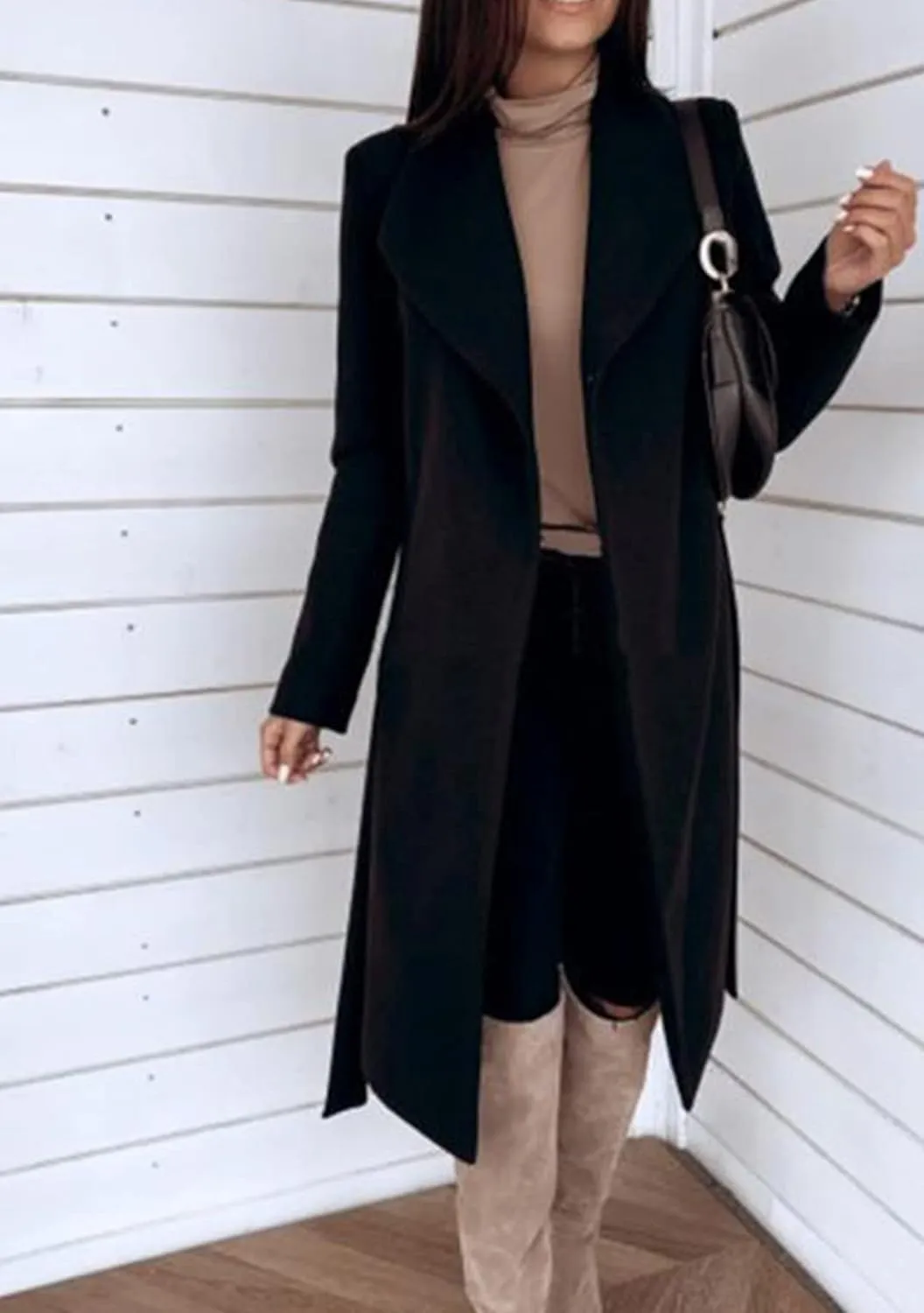GRASWE Women's Woolen Mid-Length Fashion Lapel Collar Winter Blend Coat - Open Front Elegant Pea Coat