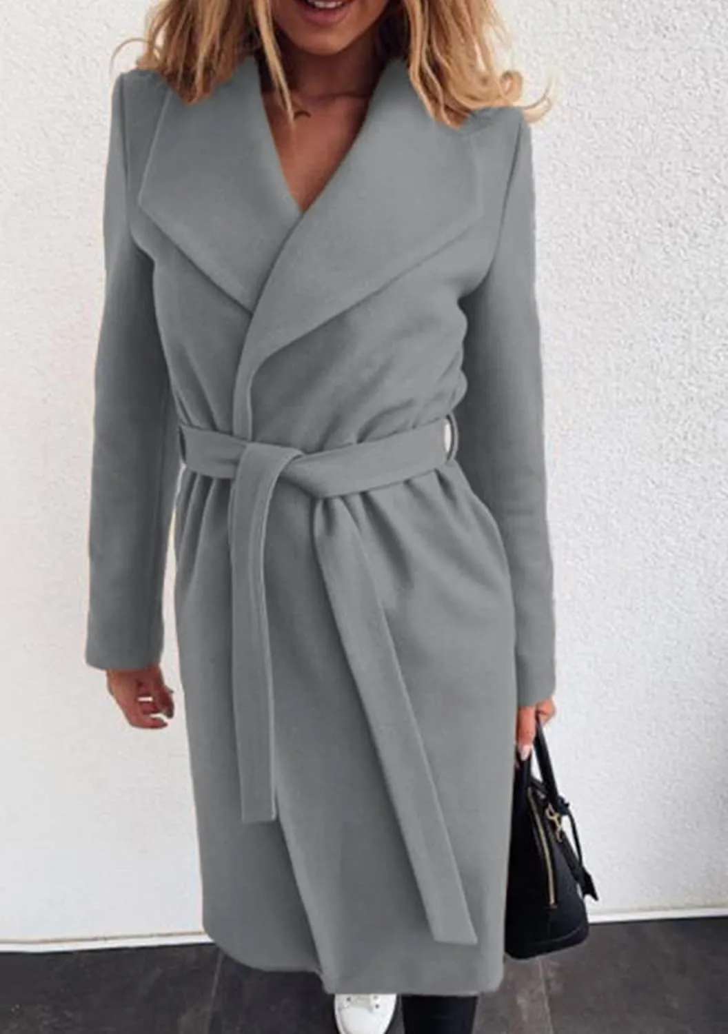GRASWE Women's Woolen Mid-Length Fashion Lapel Collar Winter Blend Coat - Open Front Elegant Pea Coat