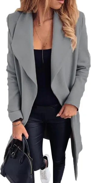 GRASWE Women's Woolen Mid-Length Fashion Lapel Collar Winter Blend Coat - Open Front Elegant Pea Coat