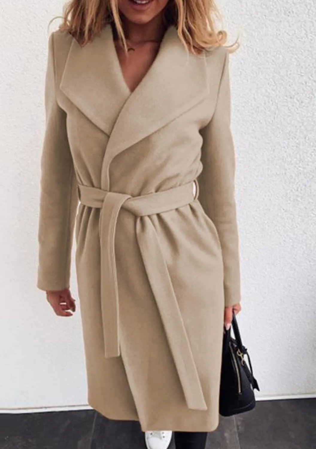 GRASWE Women's Woolen Mid-Length Fashion Lapel Collar Winter Blend Coat - Open Front Elegant Pea Coat