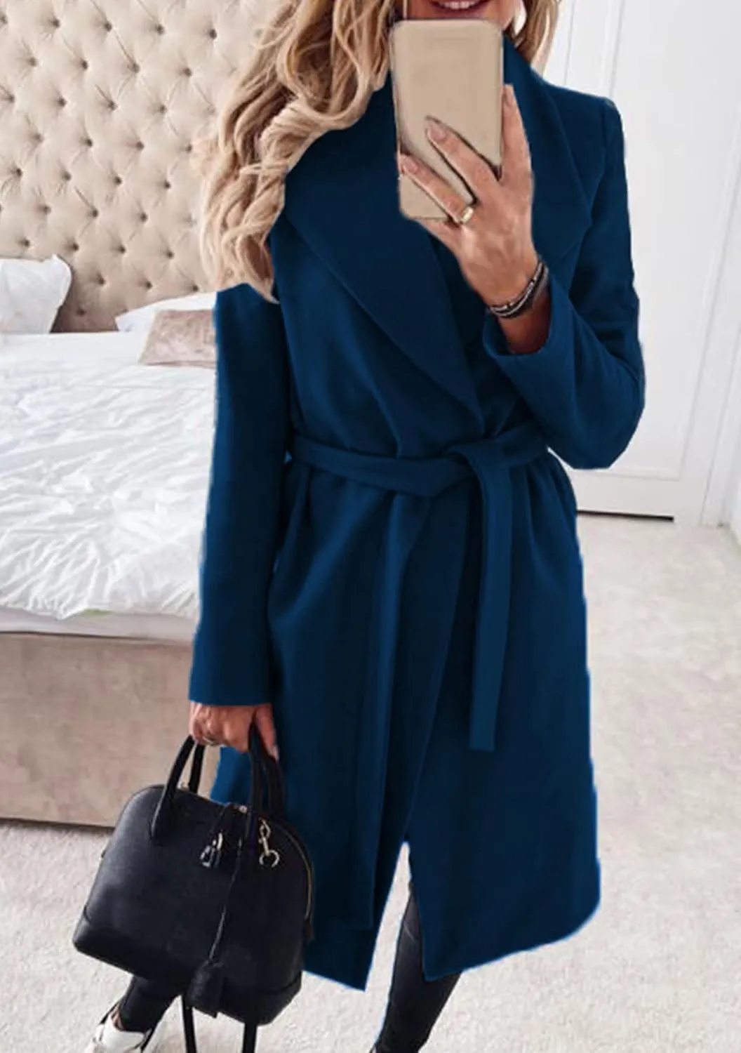 GRASWE Women's Woolen Mid-Length Fashion Lapel Collar Winter Blend Coat - Open Front Elegant Pea Coat