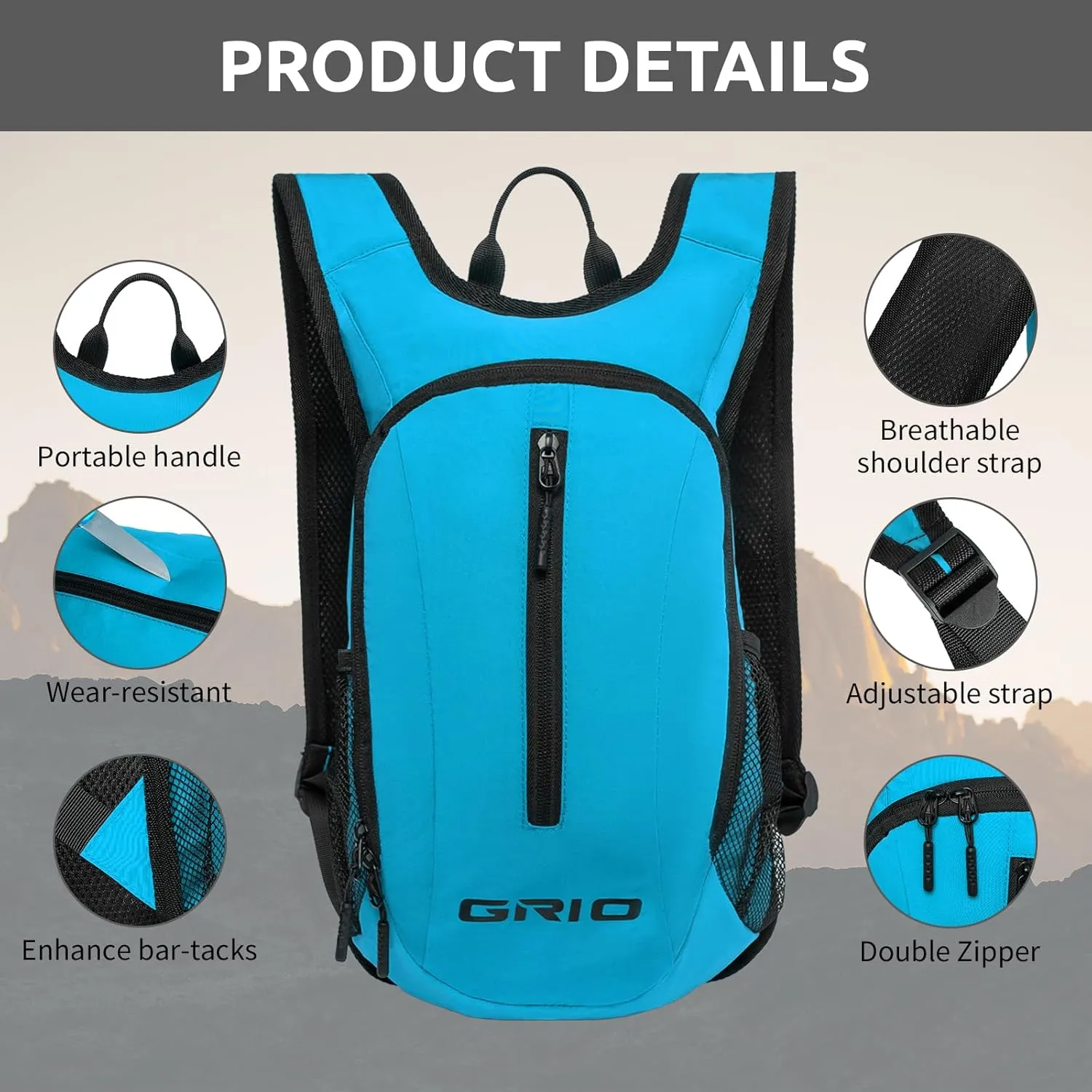 GRIO Lightweight Packable Daypack for Women Men, 15L Hiking Backpack, Water Resistant Daypack (blue)