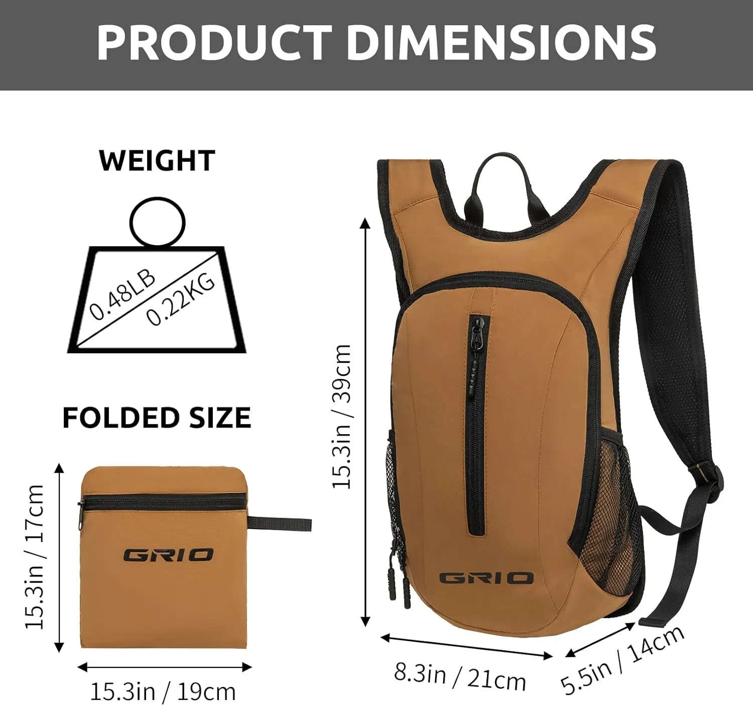 GRIO Lightweight Packable Daypack for Women Men, 15L Hiking Backpack, Water Resistant Daypack (khaki)