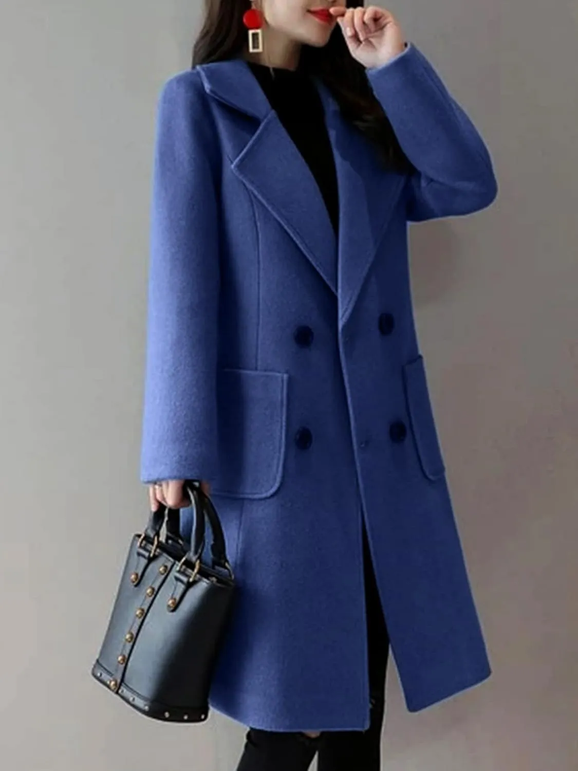 Hacikis Womens Winter Double Breasted Peacoat Notch Lapel Wool Blend Trench Coat