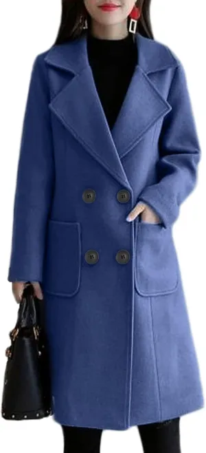 Hacikis Womens Winter Double Breasted Peacoat Notch Lapel Wool Blend Trench Coat
