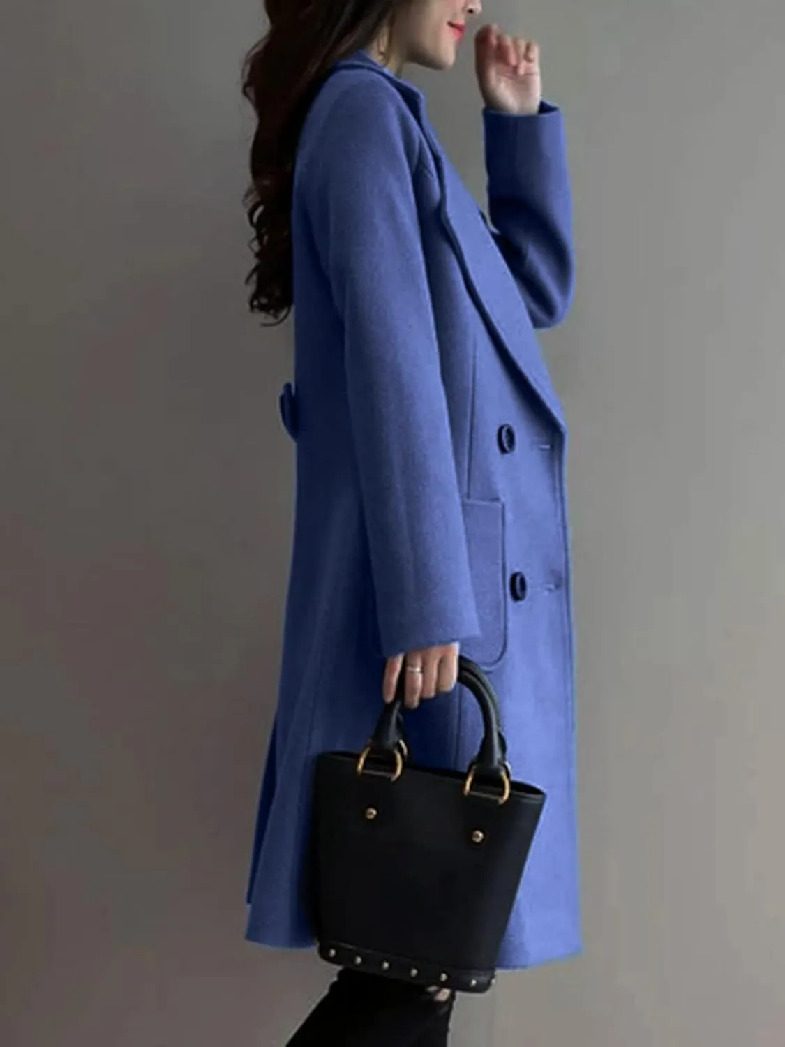 Hacikis Womens Winter Double Breasted Peacoat Notch Lapel Wool Blend Trench Coat
