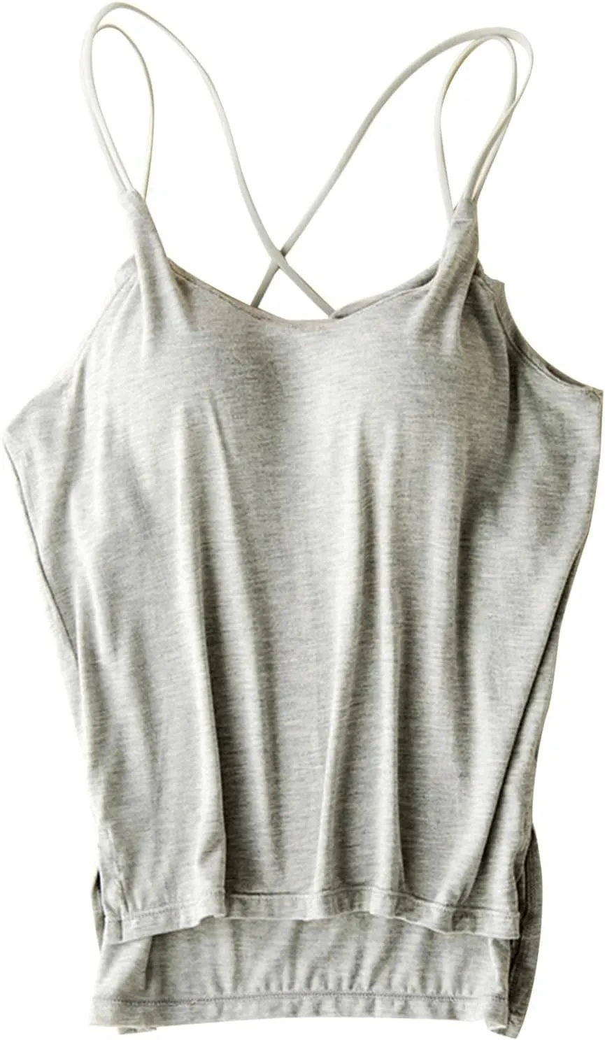 Heevina Tank Tops with Built in Bras for Women Back Criss Cross Camisole Spaghetti Strap Cami Undershirts Shelf Bra