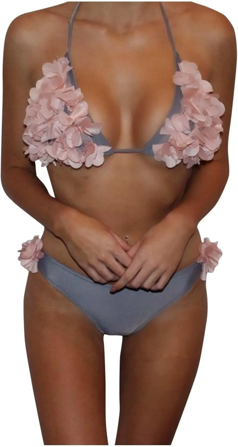 HGps8w Women's Two Piece Swimsuits 3D Flower Halter Bikini Sets Cheeky Triangle Thong Bathing Suits Beach Swimwear