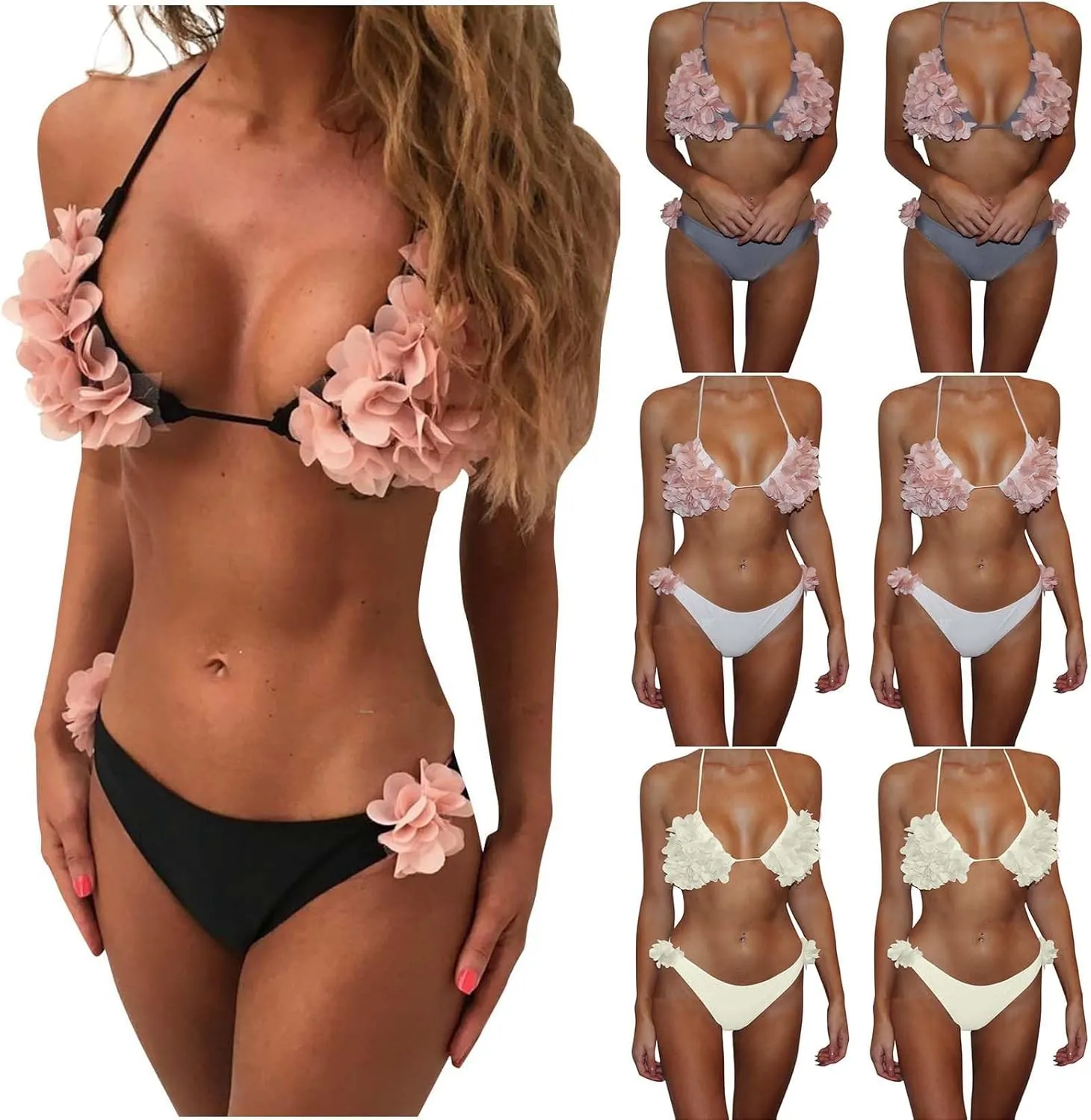 HGps8w Women's Two Piece Swimsuits 3D Flower Halter Bikini Sets Cheeky Triangle Thong Bathing Suits Beach Swimwear