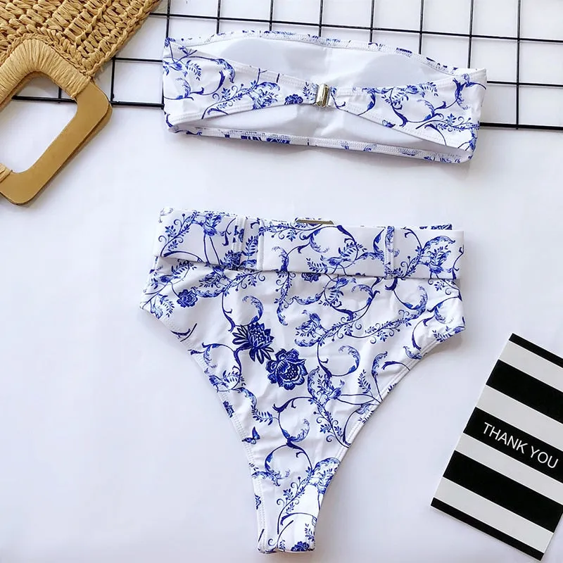 High Waist Strapless Bandeau Bikini Set - Various Patterns