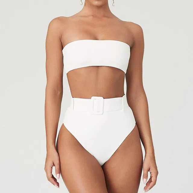 High Waist Strapless Bandeau Bikini Set - Various Patterns
