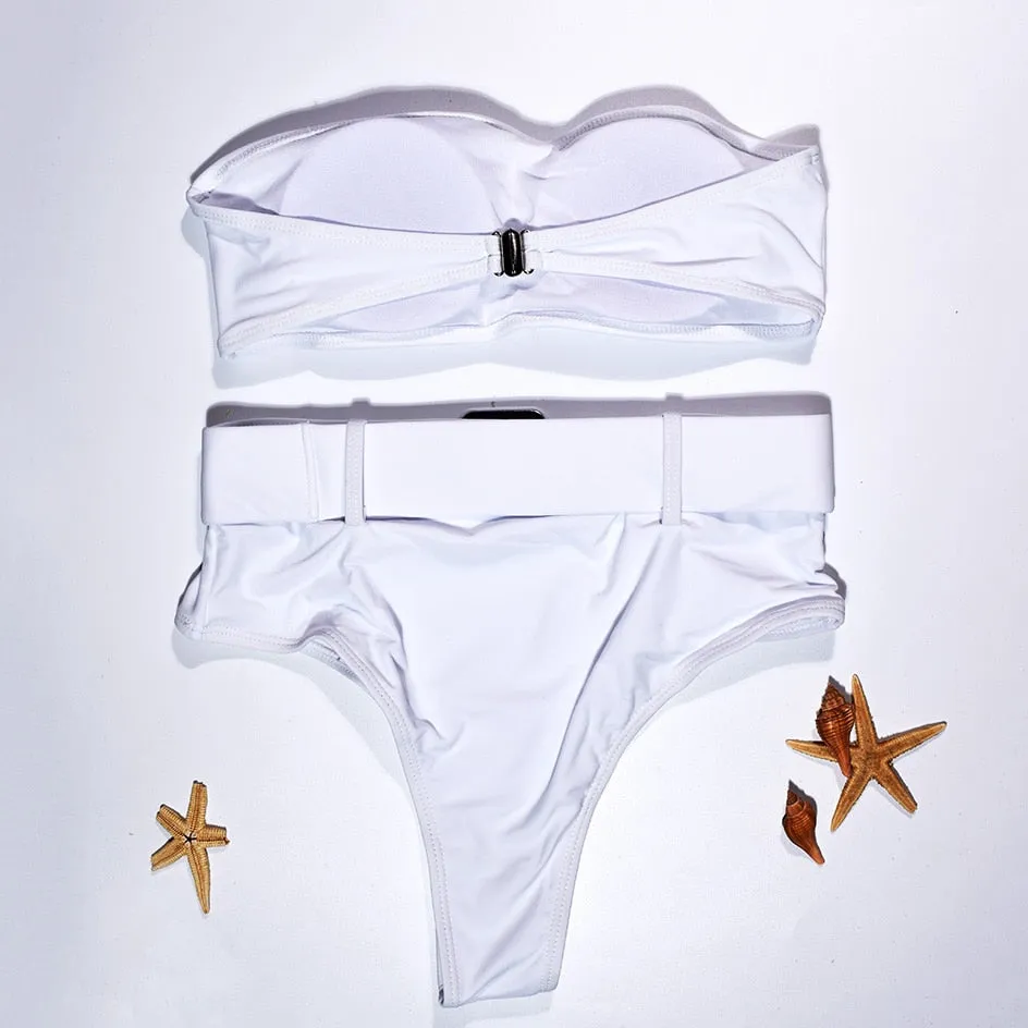 High Waist Strapless Bandeau Bikini Set - Various Patterns