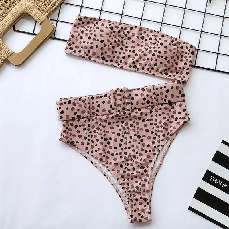 High Waist Strapless Bandeau Bikini Set - Various Patterns