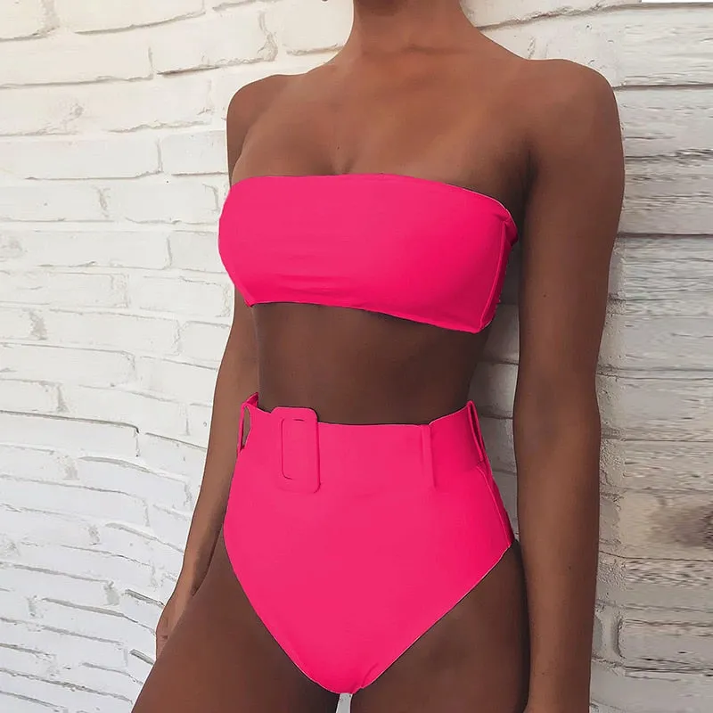 High Waist Strapless Bandeau Bikini Set - Various Patterns