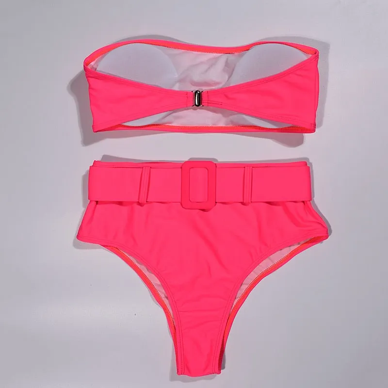 High Waist Strapless Bandeau Bikini Set - Various Patterns