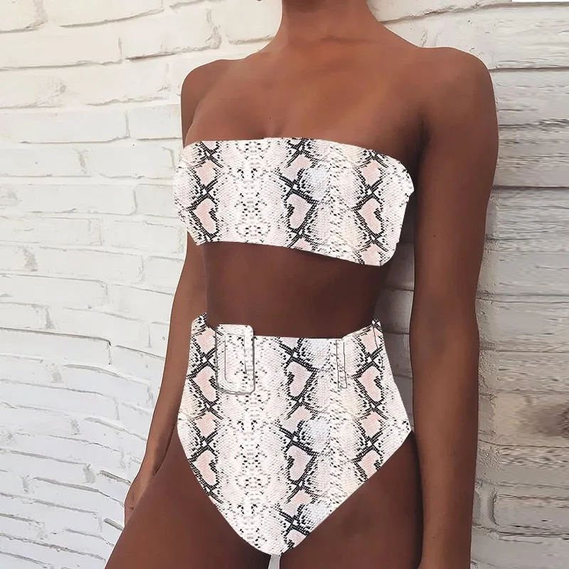 High Waist Strapless Bandeau Bikini Set - Various Patterns