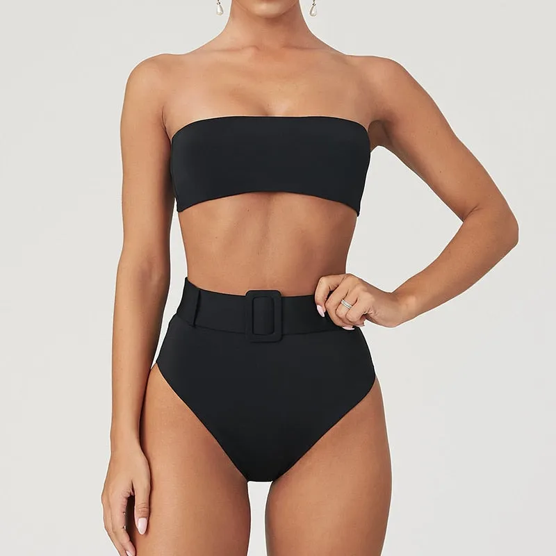 High Waist Strapless Bandeau Bikini Set - Various Patterns