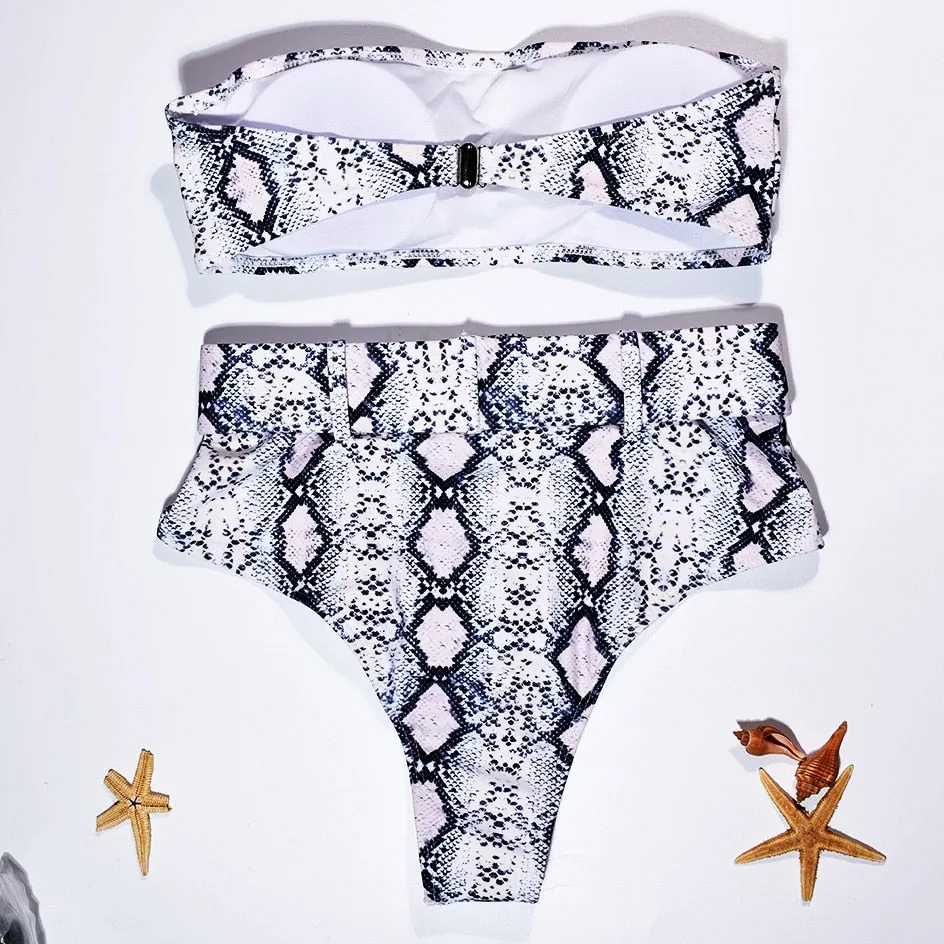 High Waist Strapless Bandeau Bikini Set - Various Patterns