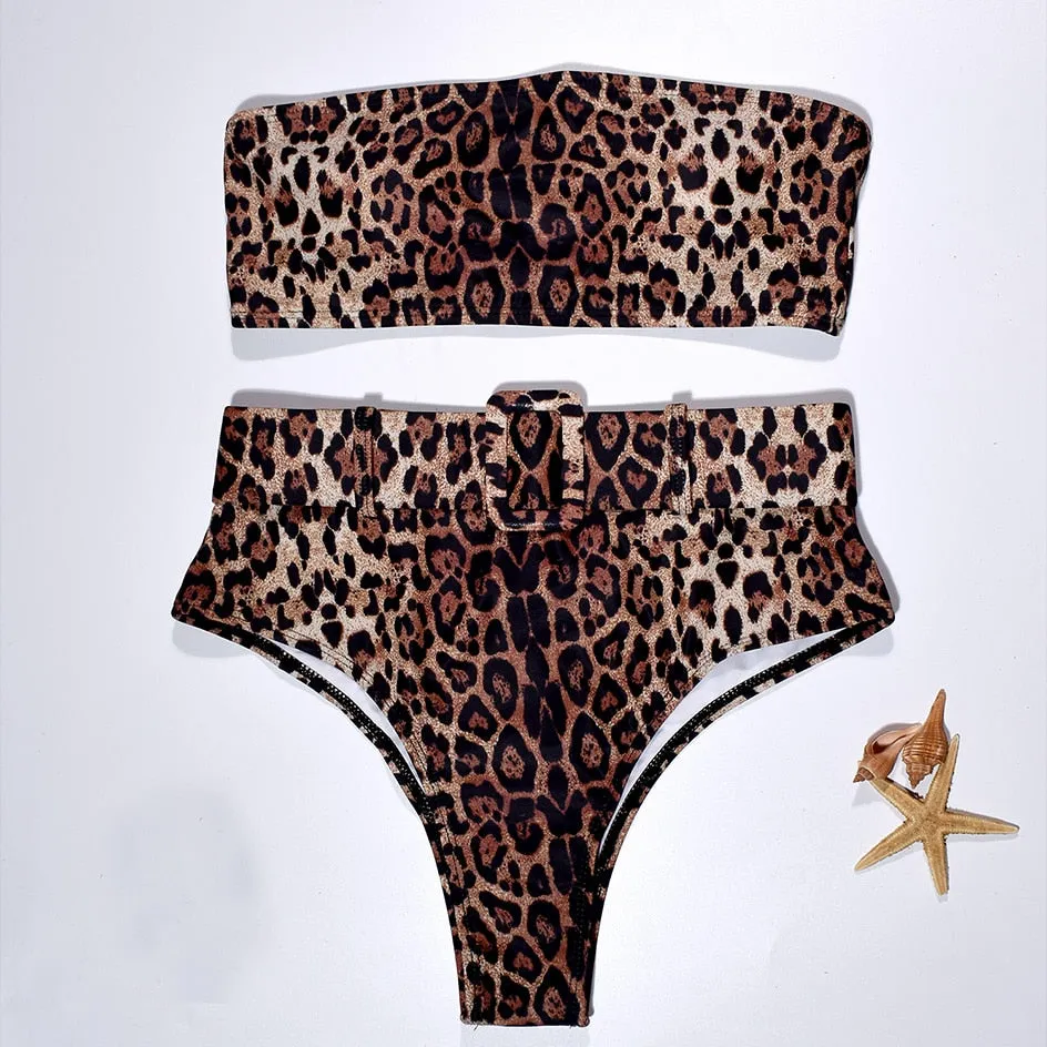 High Waist Strapless Bandeau Bikini Set - Various Patterns