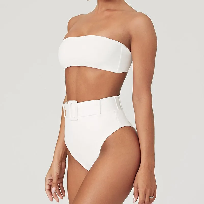 High Waist Strapless Bandeau Bikini Set - Various Patterns