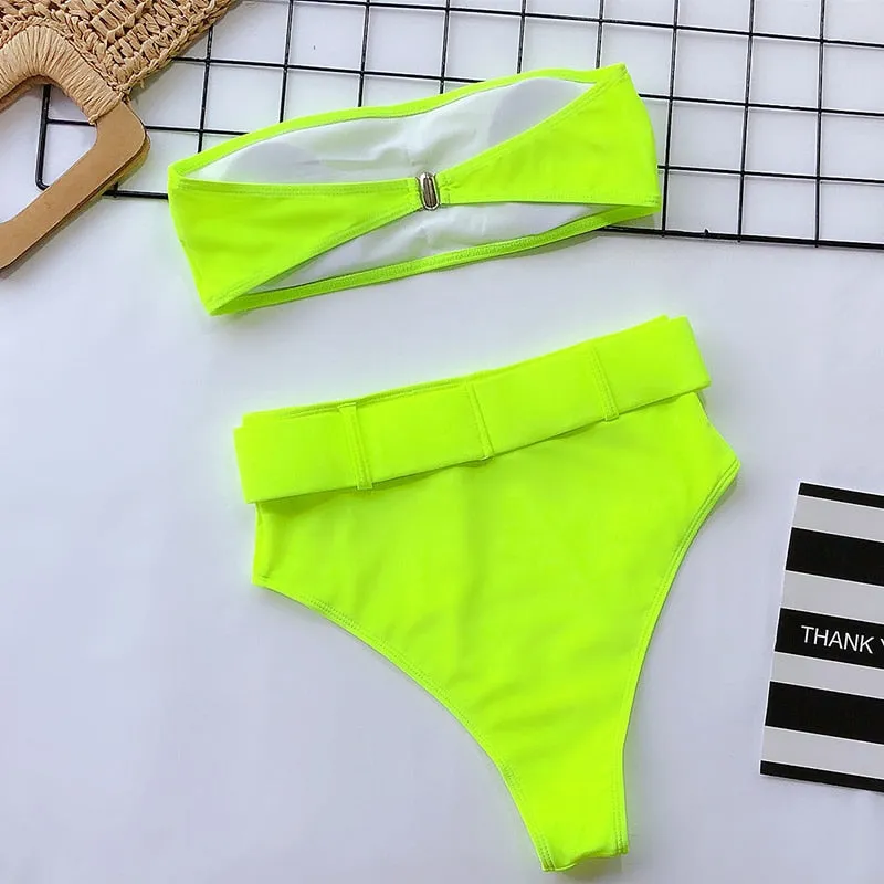 High Waist Strapless Bandeau Bikini Set - Various Patterns