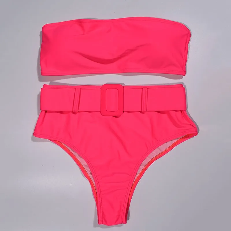 High Waist Strapless Bandeau Bikini Set - Various Patterns