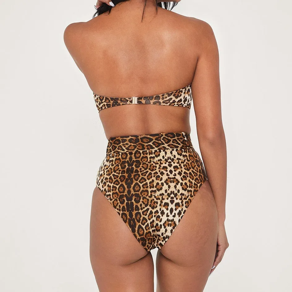 High Waist Strapless Bandeau Bikini Set - Various Patterns