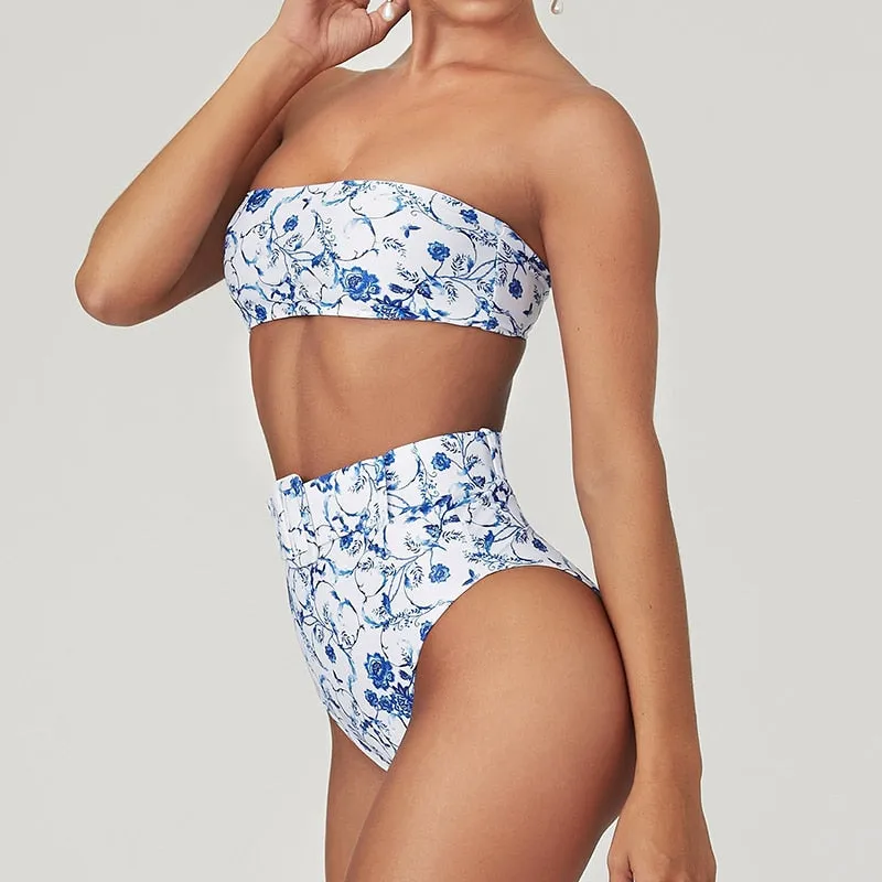 High Waist Strapless Bandeau Bikini Set - Various Patterns