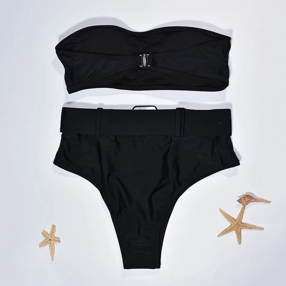 High Waist Strapless Bandeau Bikini Set - Various Patterns