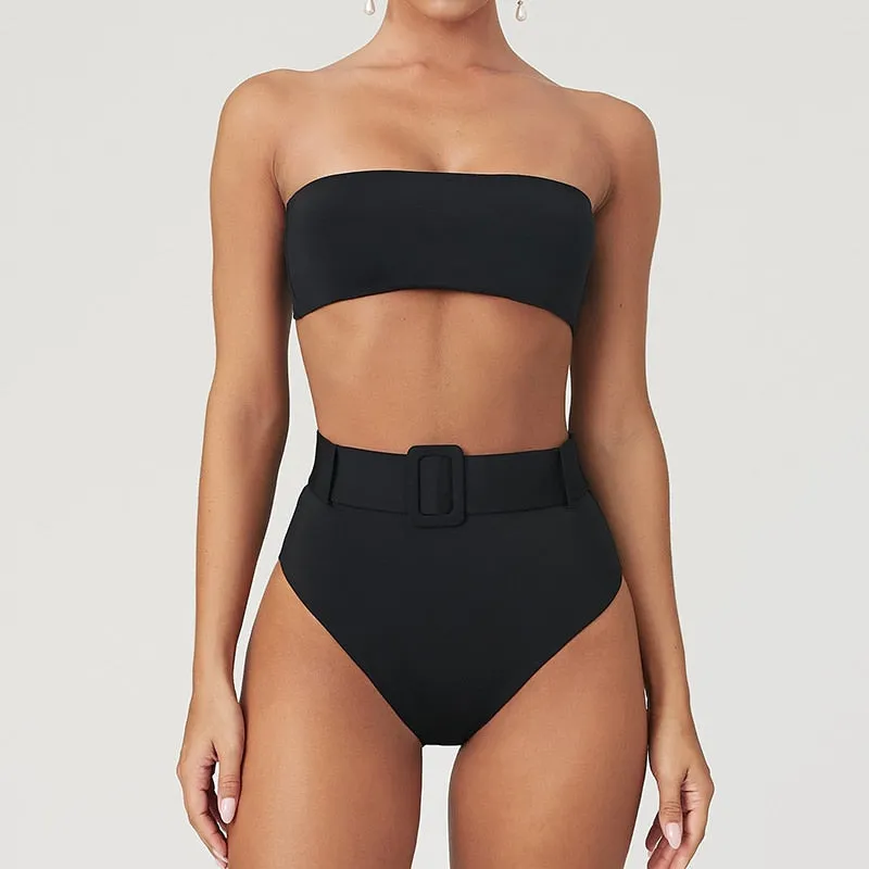 High Waist Strapless Bandeau Bikini Set - Various Patterns