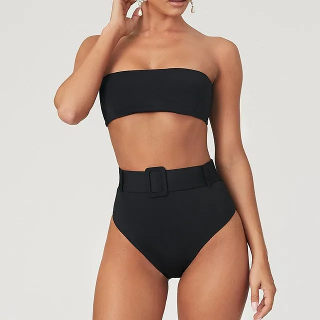 High Waist Strapless Bandeau Bikini Set - Various Patterns