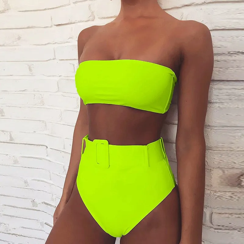 High Waist Strapless Bandeau Bikini Set - Various Patterns