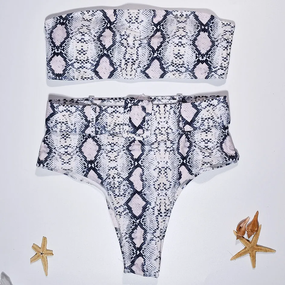 High Waist Strapless Bandeau Bikini Set - Various Patterns