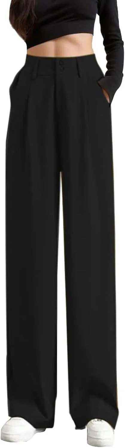 High Waist Work Pants for Women Wide Leg Stretchy Business Office Dressy Casual Flowy Pants Slacks with Pockets