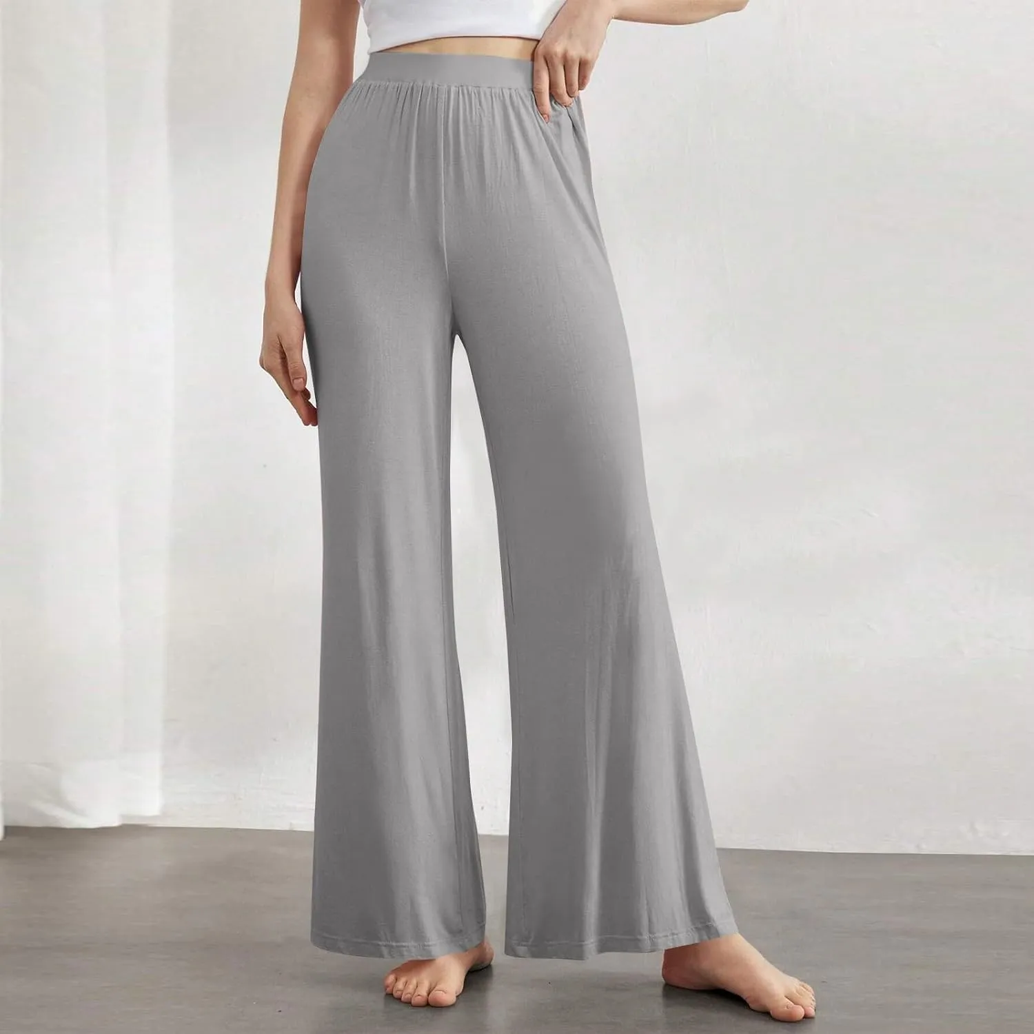 High Waisted Trousers Women Flowy Long Wide Leg Sweatpants Loose Fit Pleated Pull On Vacation Trousers with Pockets