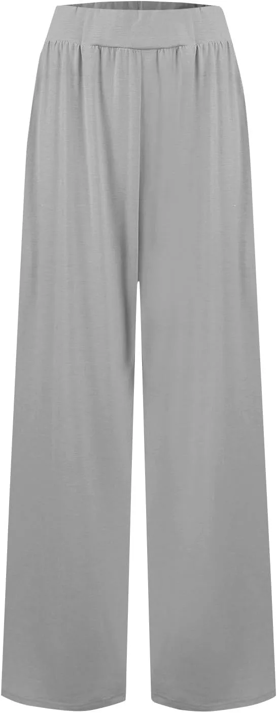 High Waisted Trousers Women Flowy Long Wide Leg Sweatpants Loose Fit Pleated Pull On Vacation Trousers with Pockets