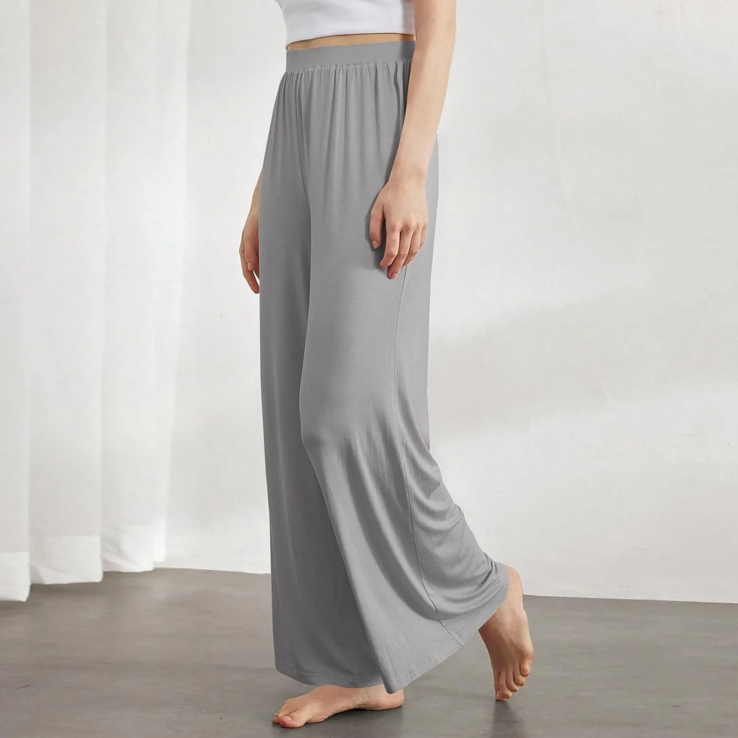 High Waisted Trousers Women Flowy Long Wide Leg Sweatpants Loose Fit Pleated Pull On Vacation Trousers with Pockets