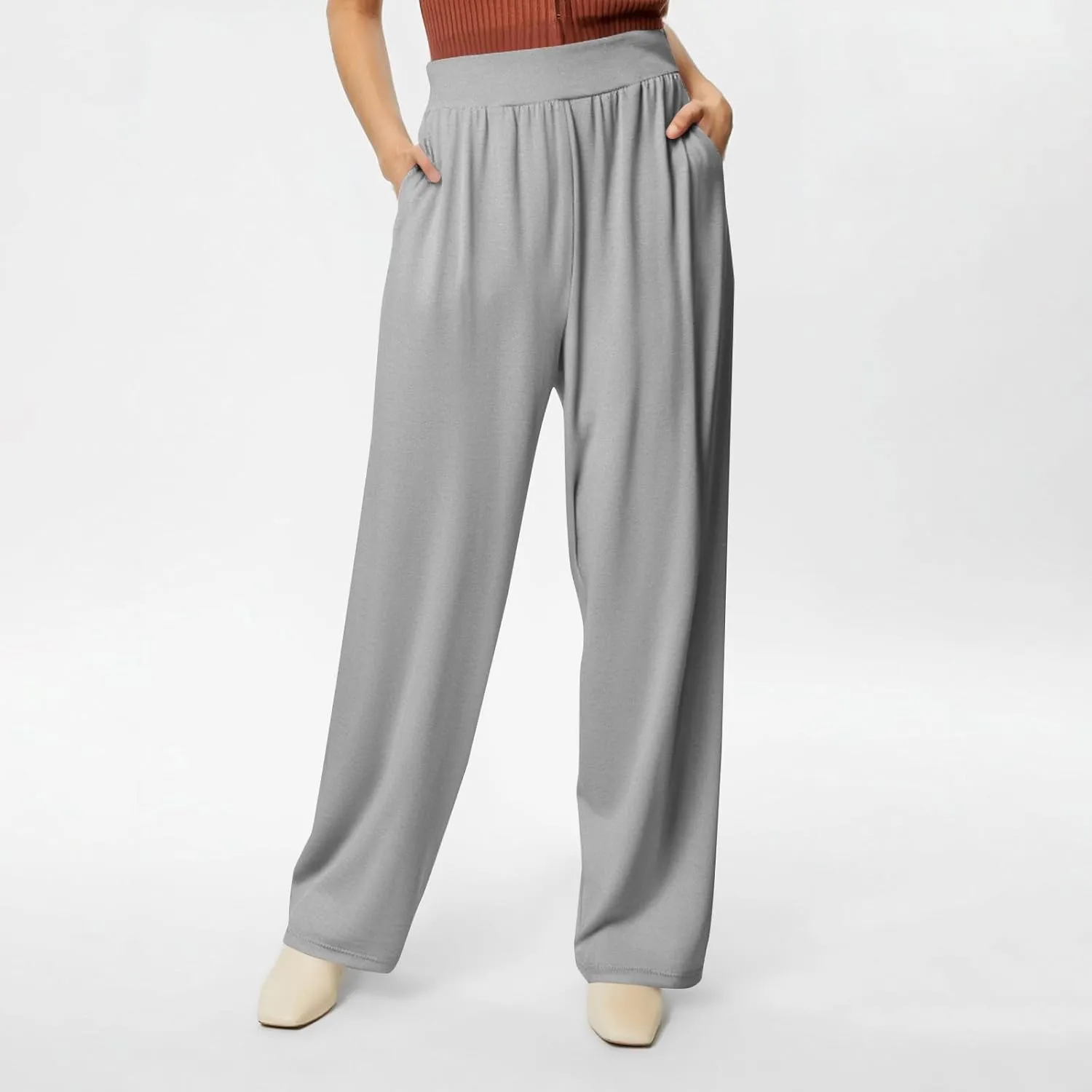 High Waisted Trousers Women Flowy Long Wide Leg Sweatpants Loose Fit Pleated Pull On Vacation Trousers with Pockets