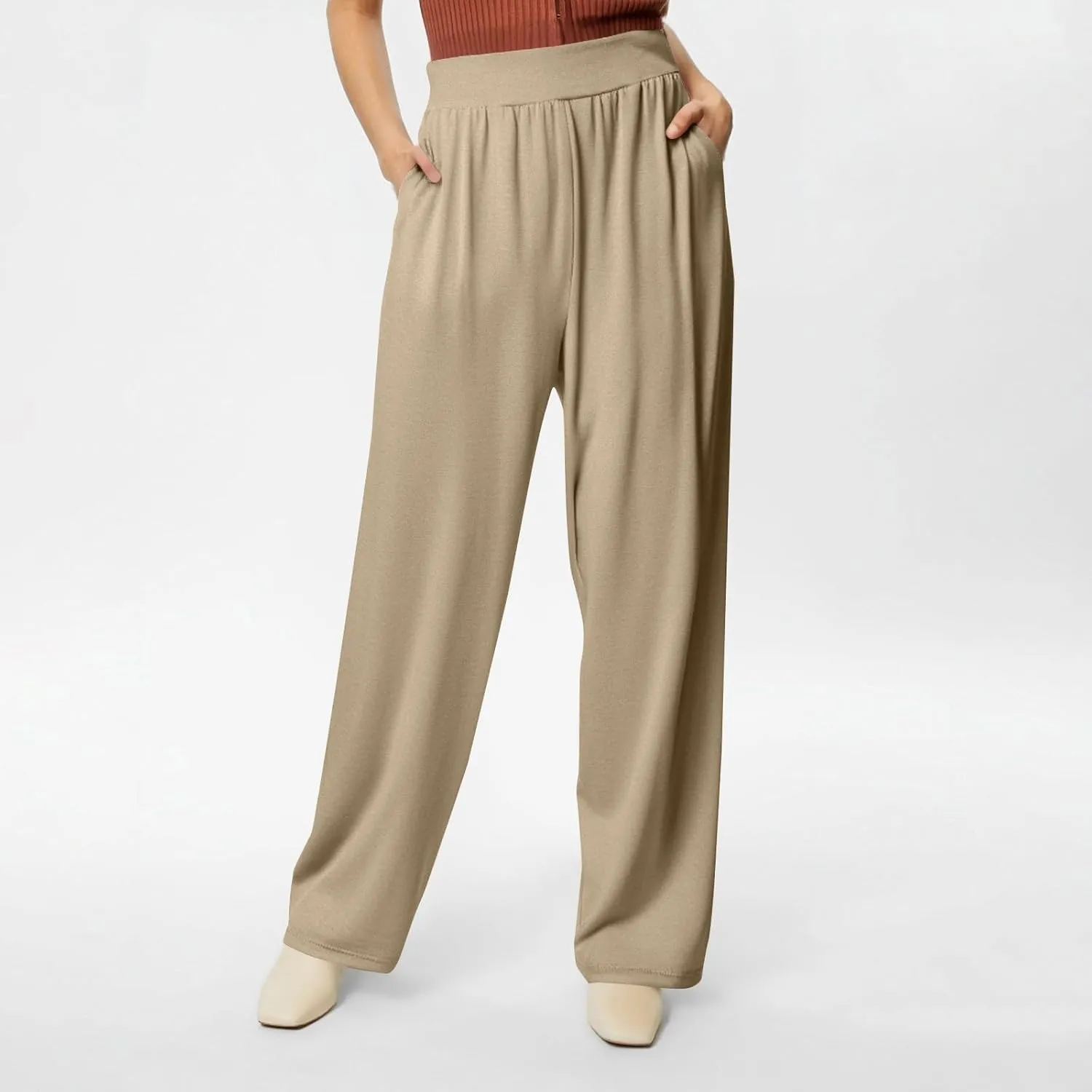 High Waisted Trousers Women Flowy Long Wide Leg Sweatpants Loose Fit Pleated Pull On Vacation Trousers with Pockets
