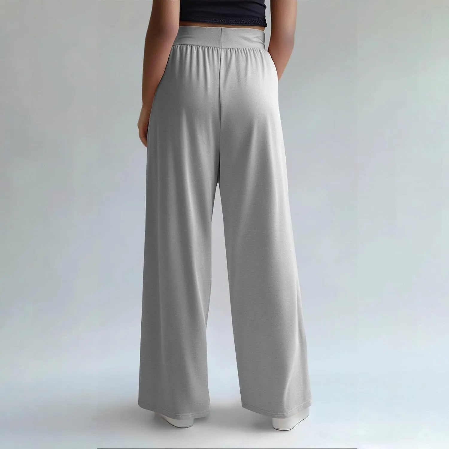 High Waisted Trousers Women Flowy Long Wide Leg Sweatpants Loose Fit Pleated Pull On Vacation Trousers with Pockets