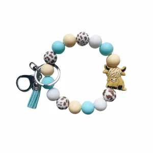 Highland Cow Keychain Wristlet Highland Cow Gifts for Women Girls Cow Keychain Bracelet (teal)